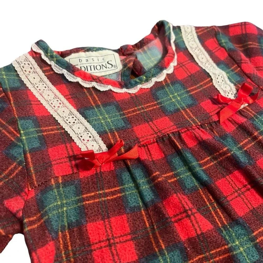 Vintage Basic Editions Christmas Plaid Ruffle Bow Pajama Nightgown Size‎ 4